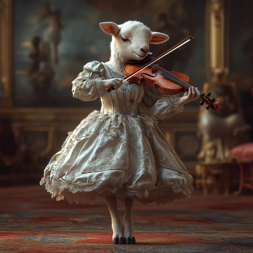A lamb, with the head and legs of a sheep, is depicted wearing an elegant, ornate white dress.  It gracefully plays a violin in a richly decorated, classical-style room. The scene is surreal and whimsical, blending the fantastical with the refined. The lamb's posture and the detailed dress create a captivating image.