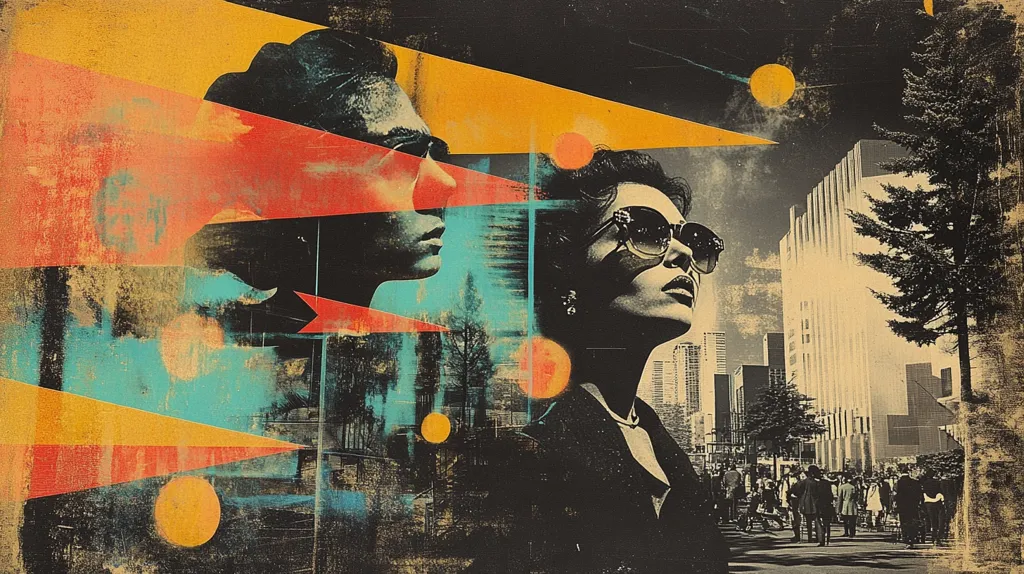 A vibrant collage juxtaposes stylized portraits of a man and woman with a mid-century city scene.  Bold geometric shapes in orange, teal, and yellow overlay the figures, creating a sense of dynamism and depth.  The woman, wearing sunglasses, looks towards a bustling cityscape, while the man's profile is partially obscured by the abstract elements. The overall effect is one of retro-futurism, blending vintage aesthetics with contemporary artistic techniques.