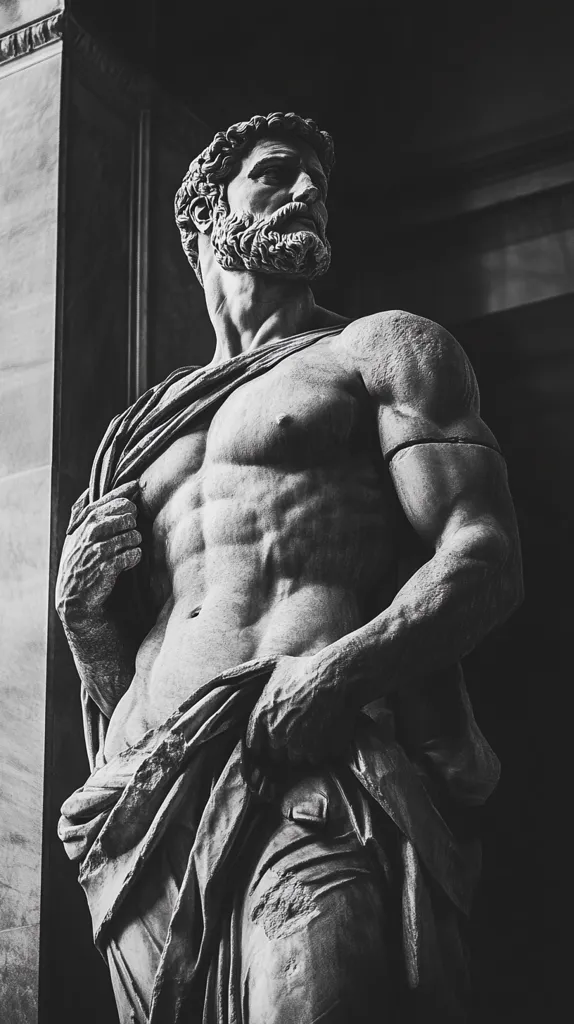 A striking black and white photograph showcases a muscular, male statue, possibly ancient Roman or Greek in style.  The figure is powerfully built, with detailed musculature and a beard.  He's draped in a partially torn cloth, revealing his torso.  The statue stands in a shadowed architectural setting, enhancing its dramatic presence and highlighting the texture of the stone. The image evokes a sense of strength and timeless beauty.