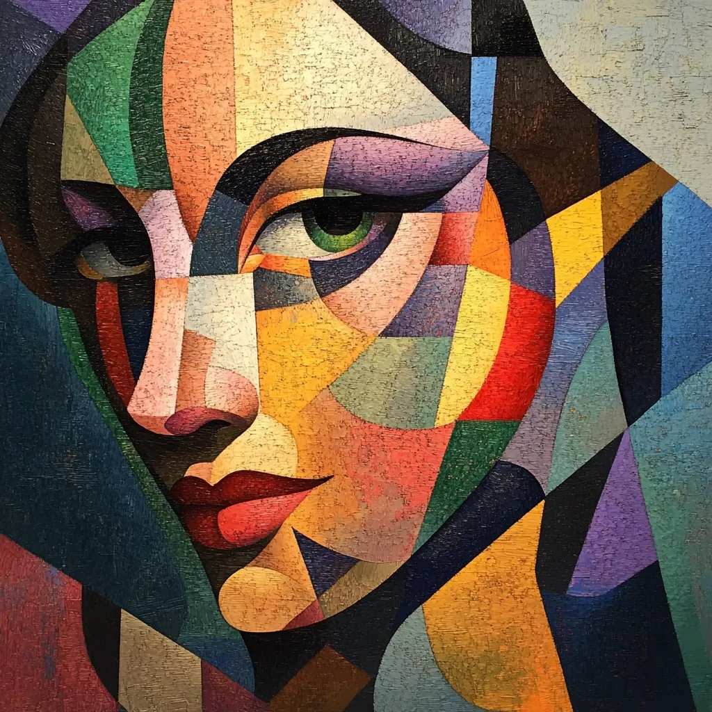 A vibrant, cubist-style portrait of a woman's face dominates the canvas.  Bold geometric shapes in a rich palette of oranges, yellows, greens, and purples create a multifaceted representation.  Her gaze is intense, her expression a blend of mystery and serenity. The artist uses contrasting colors and sharp lines to define features, resulting in a striking and modern depiction.