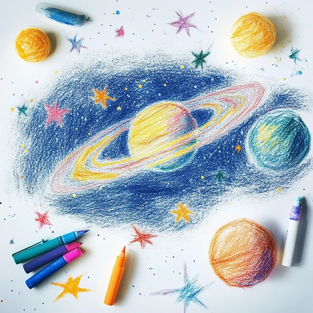 A child's crayon drawing depicts a vibrant space scene.  A large planet with rings dominates the center, surrounded by smaller planets and twinkling stars.  The style is naive and colorful, with visible crayon strokes.  Several used crayons and small balls of colored material are scattered around the artwork, suggesting the creative process. The overall effect is playful and imaginative.