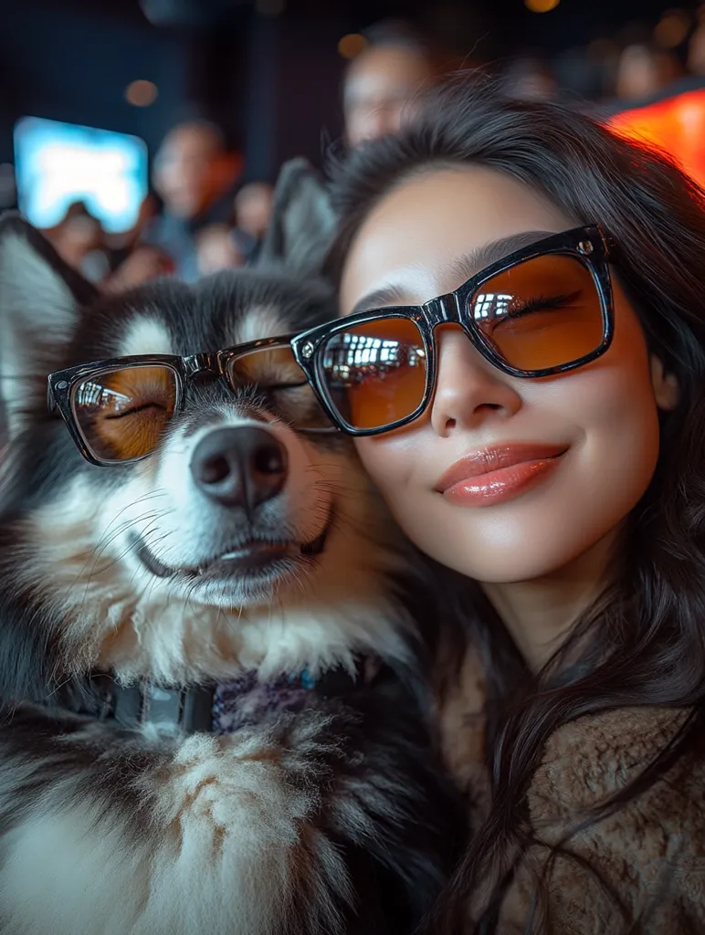 A young woman with long dark hair snuggles close to her fluffy husky dog.  They both wear identical oversized sunglasses, creating a playful and affectionate scene.  The woman's lips are subtly glossed, and the dog's fur is soft and textured.  The background is blurred, indicating an indoor setting. The image evokes a sense of warmth and companionship.