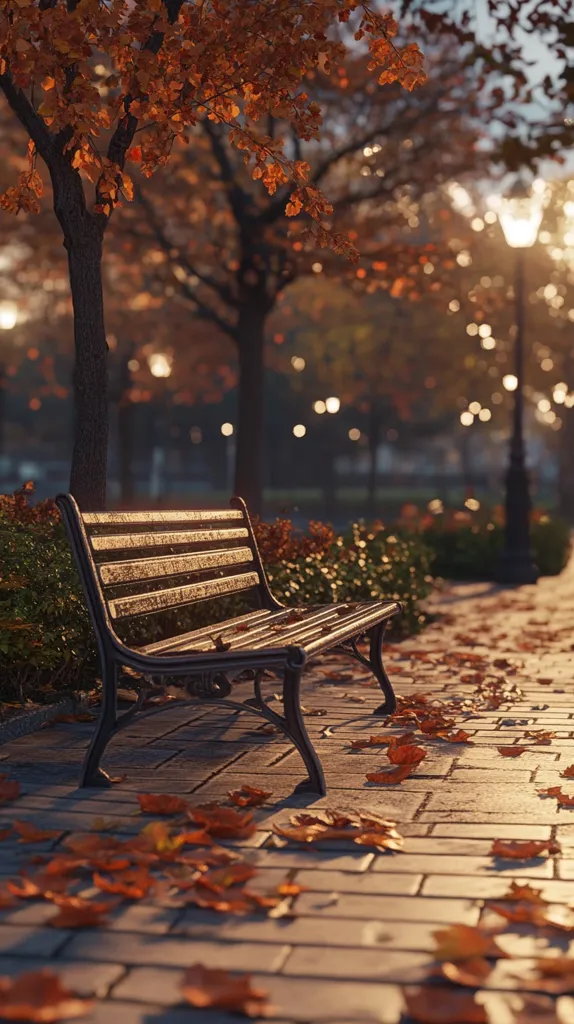A park bench sits empty under the warm glow of a late autumn afternoon.  Fallen orange leaves blanket the brick path, scattered around the bench and under nearby trees.  Streetlights softly illuminate the scene, creating a peaceful and serene atmosphere.  The colors are warm and inviting, capturing the beauty of the season.