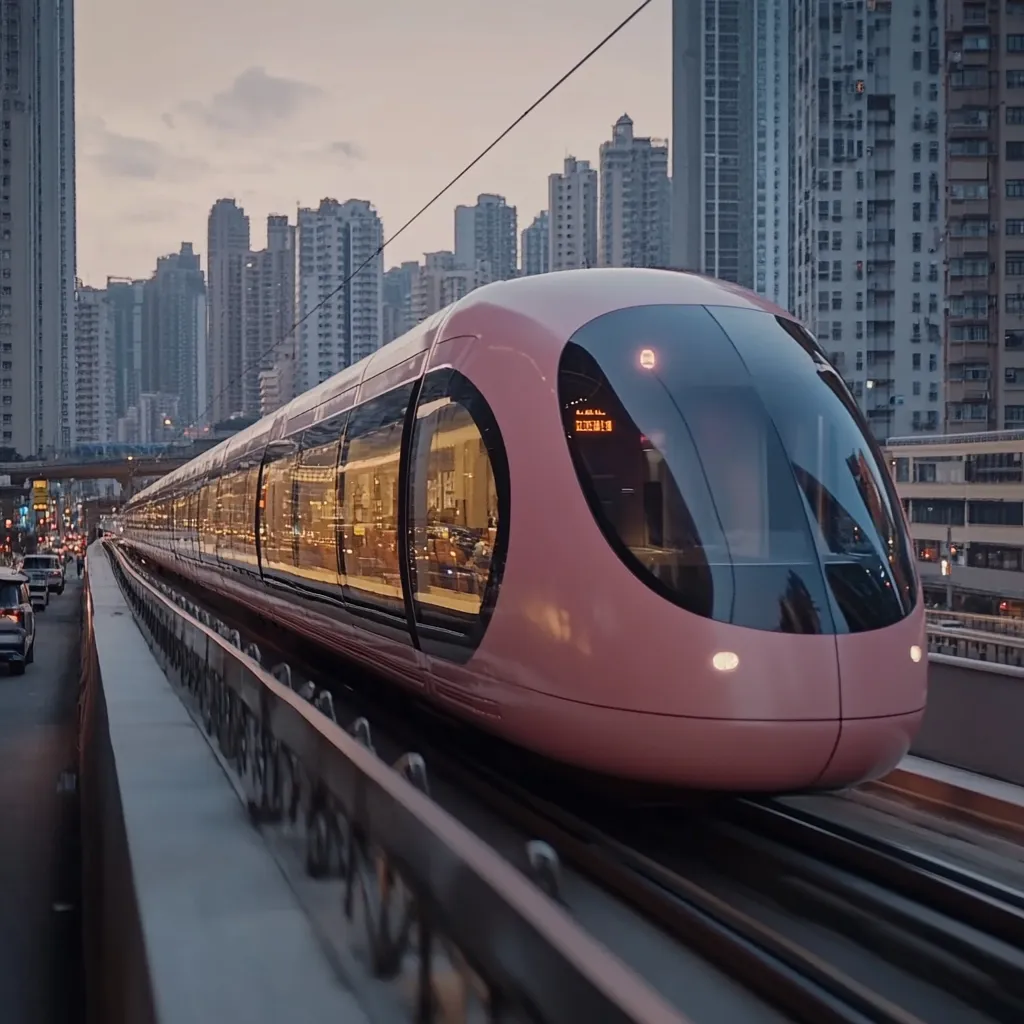 A sleek, light pink automated train glides along an elevated track.  The modern, streamlined design contrasts with the backdrop of dense urban high-rises at dusk.  Large windows offer a glimpse of the interior, reflecting the city lights. The train's smooth movement suggests efficiency and advanced technology.