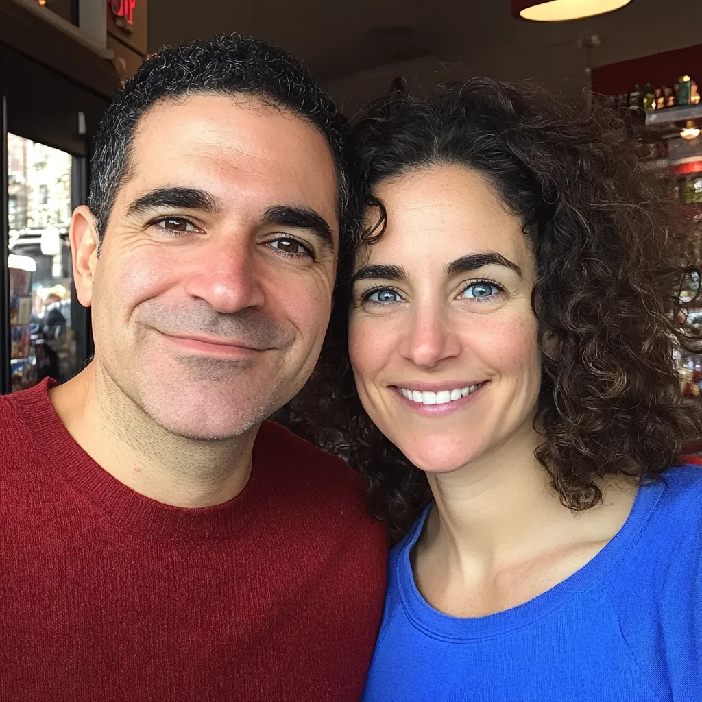 A close-up shot captures a man and a woman, possibly a couple, posing intimately. The man, with short dark hair and a red sweater, displays a subtle smile.  The woman, beside him, has curly dark hair and is wearing a bright blue top.  Both have fair skin and are looking directly at the camera. The background is blurry, suggesting an indoor setting, perhaps a restaurant.