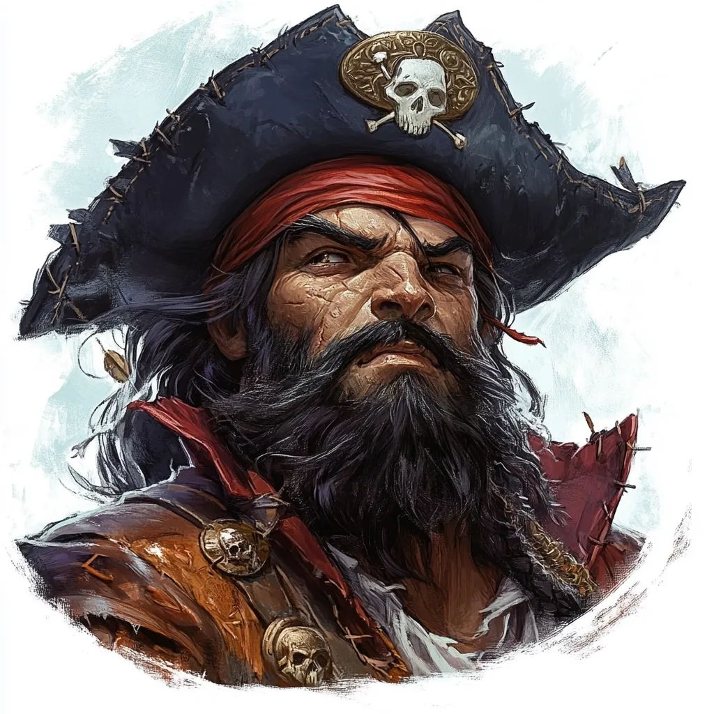 A weathered pirate captain, his face etched with years of seafaring adventures, stares intently.  His long, dark beard frames a stern expression. He wears a tattered, dark blue tricorne hat adorned with a skull and crossbones, and a red bandana. His worn, red and brown pirate coat hints at past battles and plundered riches. The portrait is rendered with dramatic lighting and painterly texture.