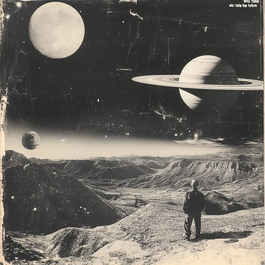 A black and white, vintage-style image depicts a lone figure standing on a desolate, mountainous alien landscape.  Above, a large ringed planet and a smaller, moon-like celestial body dominate the dark sky.  The overall aesthetic suggests a science fiction or fantasy setting, with a grunge texture adding to the retro feel. The title "who stole the future" is subtly placed in the upper right corner.