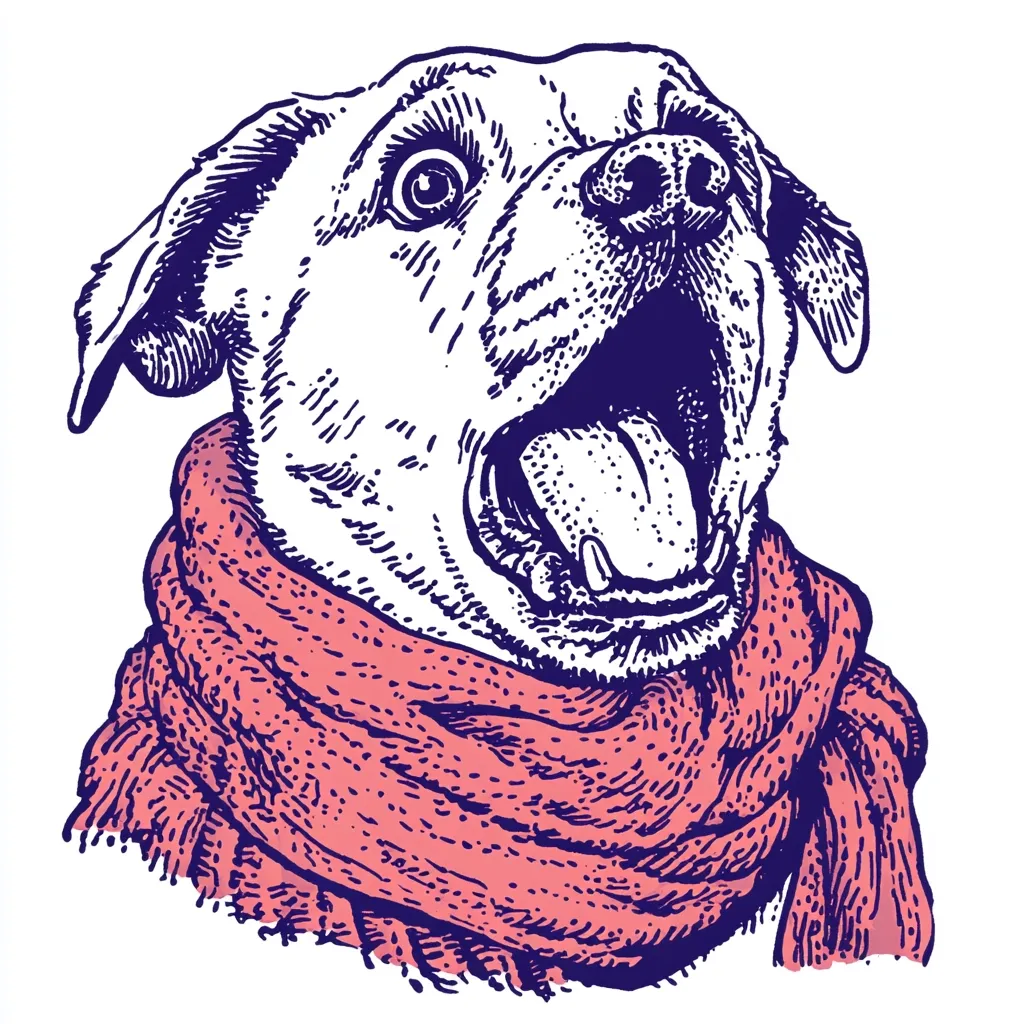 A detailed line drawing of a dog's head, possibly a Bulldog or similar breed, is presented.  The dog's mouth is open in a surprised or excited expression, its tongue visible.  The dog wears a textured, coral-colored scarf wrapped around its neck. The style is reminiscent of vintage illustrations or etchings, with bold lines and shading creating a textured effect. The image is predominantly in shades of navy blue and coral pink on a white background.