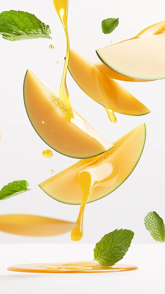 Slices of ripe cantaloupe melon float against a white background, drizzled with golden honey or juice.  Fresh mint leaves are scattered amongst the melon, adding a touch of green. The vibrant colors and dynamic composition suggest freshness and a refreshing beverage.  The liquid spills onto the surface below, creating a visually appealing scene.