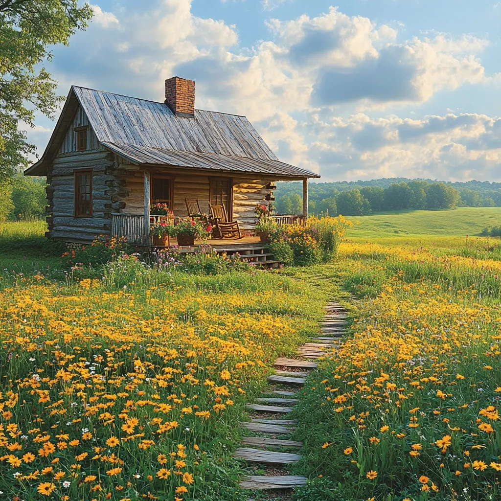 A rustic log cabin sits on a vibrant, sun-drenched meadow, awash in a sea of yellow wildflowers.  A stone pathway leads to the cabin's porch, adorned with potted plants and rocking chairs. The idyllic scene is framed by a tranquil countryside under a partly cloudy sky, evoking a sense of peace and serenity.  The cabin's weathered wood and the wildflowers create a picturesque, charming image.