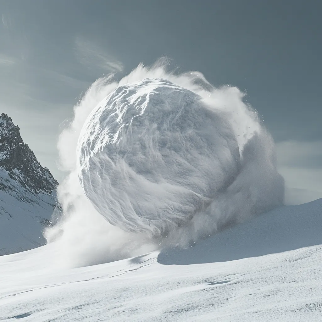 A massive snowball, seemingly defying gravity, rolls down a snow-covered mountainside.  The wind whips around it, creating a dramatic swirling cloud of snow and ice.  The scene is stark and beautiful, with a muted color palette emphasizing the vastness of the snowy landscape and the immense size of the rolling sphere.  The mountains in the background are shrouded in a pale grey sky.