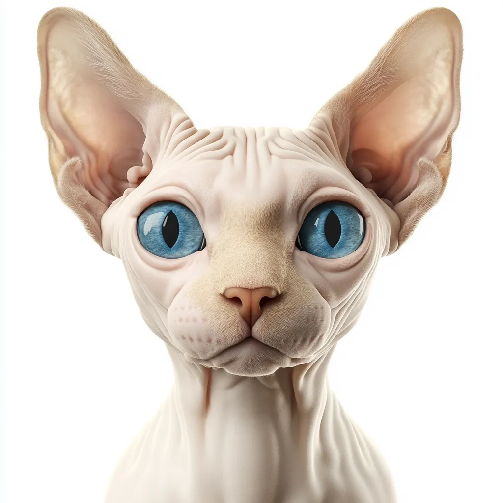 A close-up shot of a Sphynx cat against a white background.  The cat's large, striking blue eyes are prominent, and its hairless skin is a pale cream color. Its large ears are noticeable, and its expression is one of gentle curiosity.  The image highlights the cat's unique features and creates a captivating portrait.