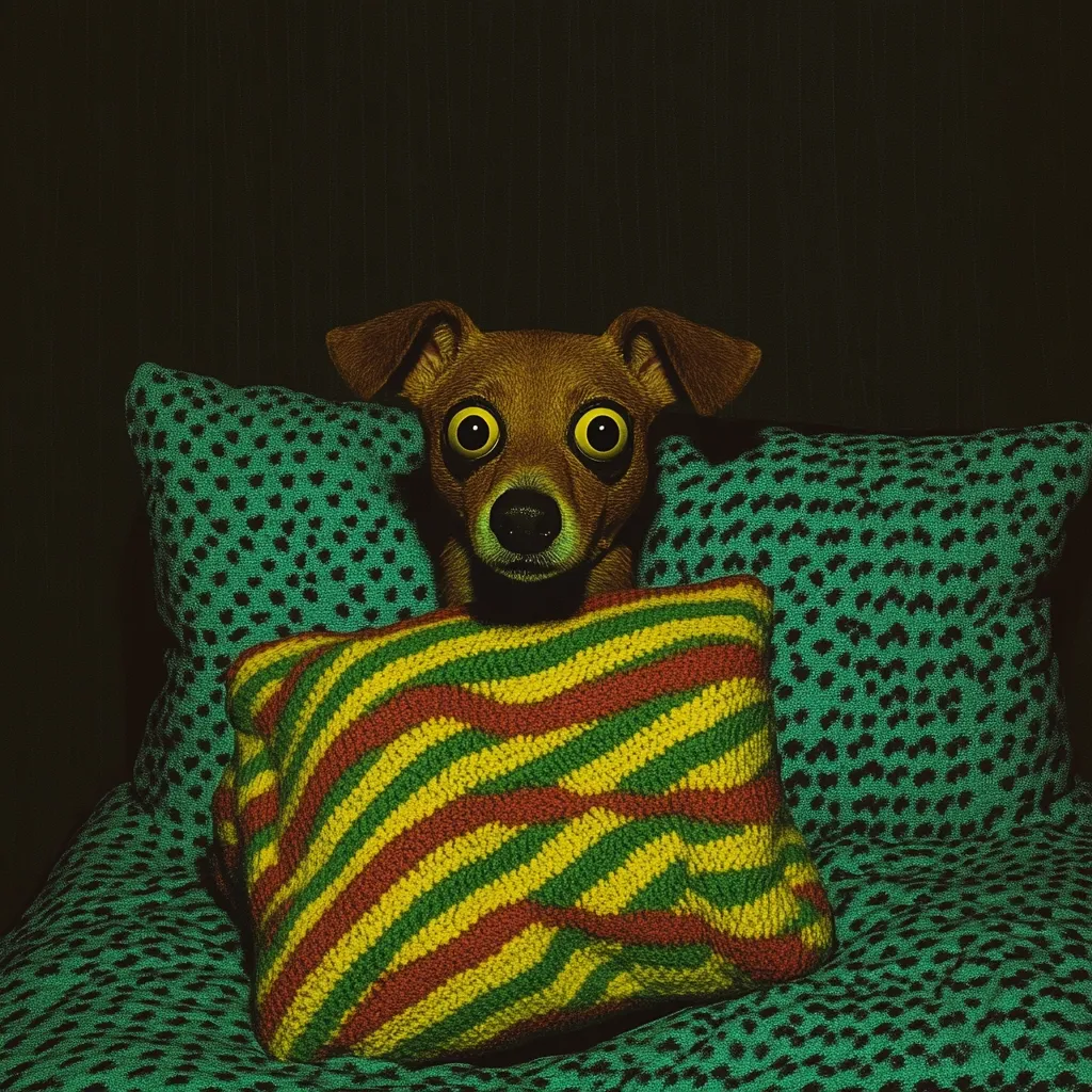 A small brown dog with comically large, bright yellow eyes peeks out from under a striped crocheted pillow nestled between two teal patterned pillows. The dog's expression is one of wide-eyed surprise or fear.  The overall scene is darkly lit, creating a slightly unsettling yet humorous atmosphere.