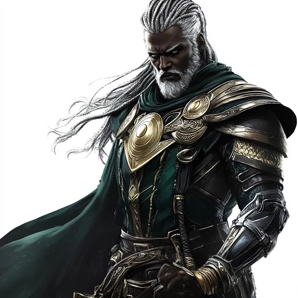 A striking portrait of a powerful, dark-skinned warrior.  He possesses long, braided grey hair and a flowing dark green cape.  His ornate armor features gold accents and intricate detailing.  A stern expression and intense gaze convey strength and authority.  The image is sharply detailed, emphasizing the textures of his clothing and the intensity of his features.