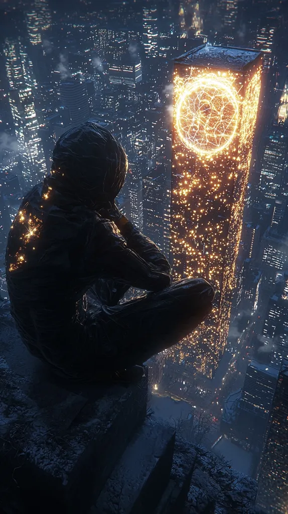 A solitary figure, cloaked in dark attire and adorned with glowing particles, sits perched atop a rooftop overlooking a sprawling futuristic cityscape at night.  A towering, luminous structure, radiating an internal golden light, dominates the scene. The overall mood is one of quiet contemplation and awe, emphasizing the contrast between the individual and the vast, technologically advanced metropolis.