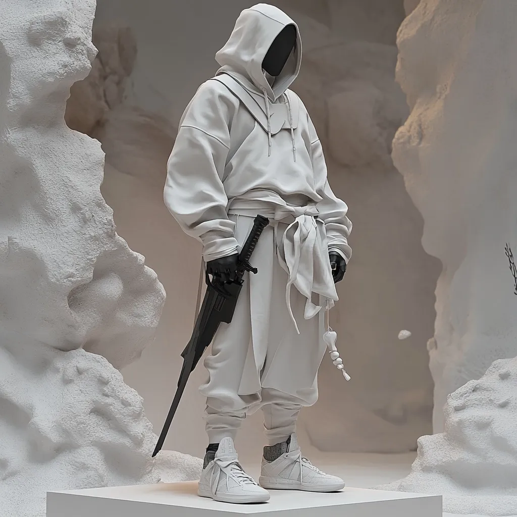 A faceless figure in an all-white ensemble stands amidst sculpted white rock formations.  The outfit combines a hooded sweatshirt and pants, cinched with a white sash, and accessorized with a katana and white sneakers.  The minimalist, monochromatic aesthetic creates a striking contrast against the textured background, suggesting a blend of futuristic and traditional styles.  The overall impression is one of serene power and enigmatic mystery.
