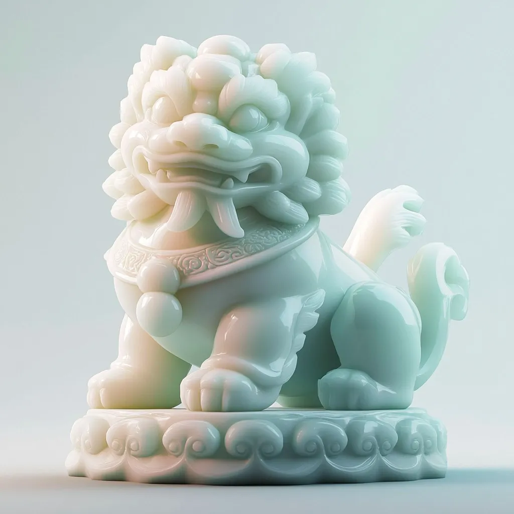 A meticulously carved jade foo dog figurine rests on an ornate base.  The pale green stone is polished to a high sheen, highlighting the intricate details of the lion-like creature's mane, fangs, and ornate collar. The swirling clouds on the base add to the piece's elegant and traditional Chinese aesthetic.  The statue exudes a sense of peace and serenity.