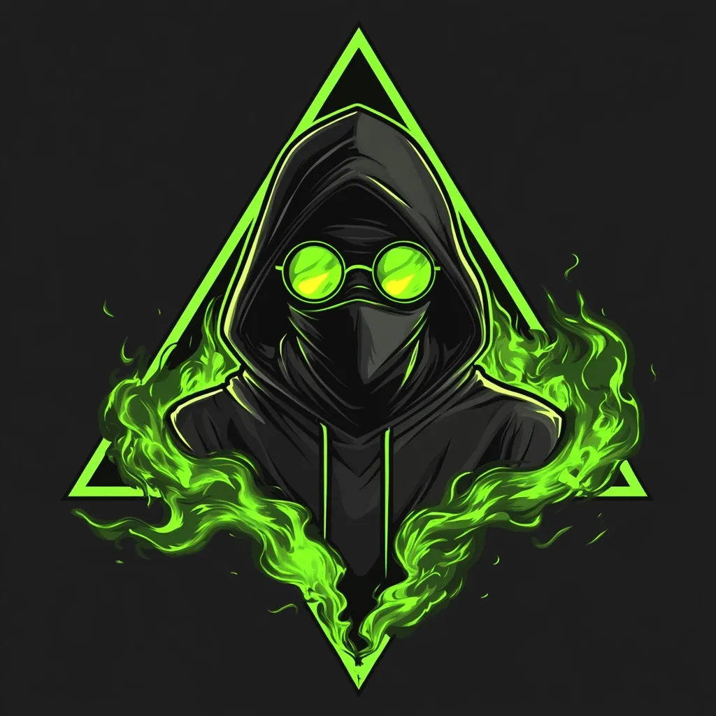 A stylized illustration depicts a hooded figure shrouded in darkness, their face concealed by a mask and large, glowing green goggles.  Surrounding the figure are vibrant, lime-green flames, creating a mystical and enigmatic atmosphere. The figure is framed within a glowing green triangle, enhancing the overall dramatic effect. The dark background and bright accents emphasize the character's mysterious aura.