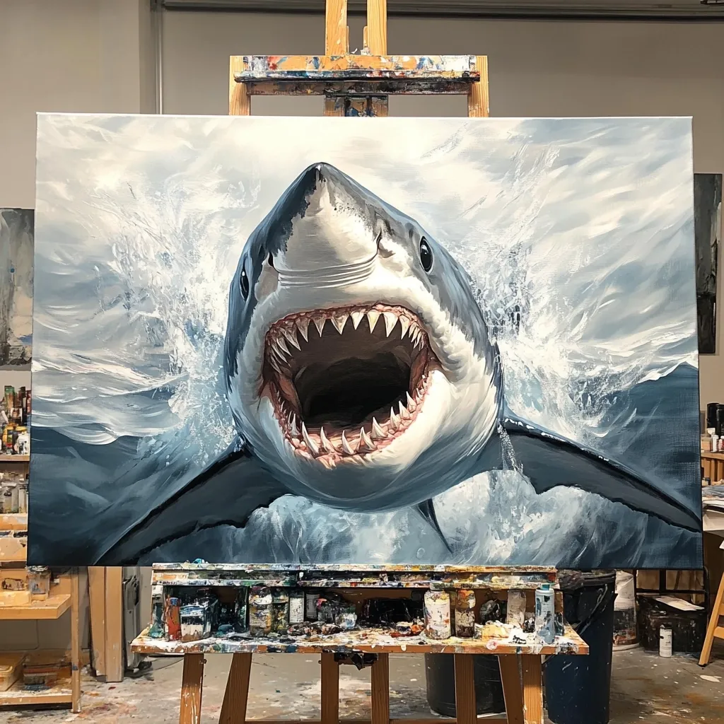 A large canvas painting depicts a great white shark breaching the water, its jaws open in a dramatic display.  The artist's palette and various paint containers are visible on the easel below the painting, suggesting a work in progress within an art studio. The shark is rendered with incredible detail, emphasizing its powerful presence and the dynamic movement of the water. The overall effect is both awe-inspiring and slightly menacing.