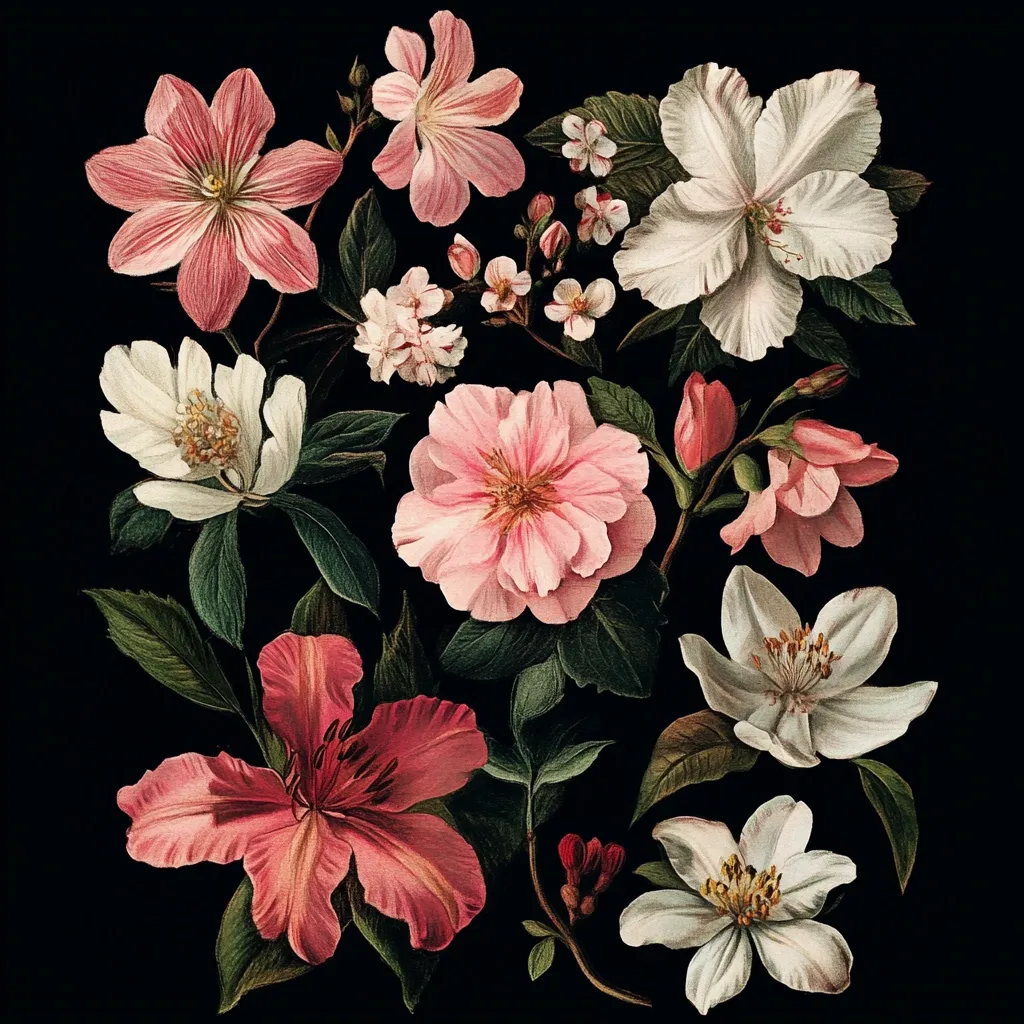 A lush bouquet of pink and white flowers against a black background.  Delicate blossoms include camellias, azaleas, and other spring blooms, intricately detailed with soft shading and rich colors. The arrangement is dense and vibrant, showcasing a variety of textures and shapes within the floral composition. The dark background accentuates the floral beauty.