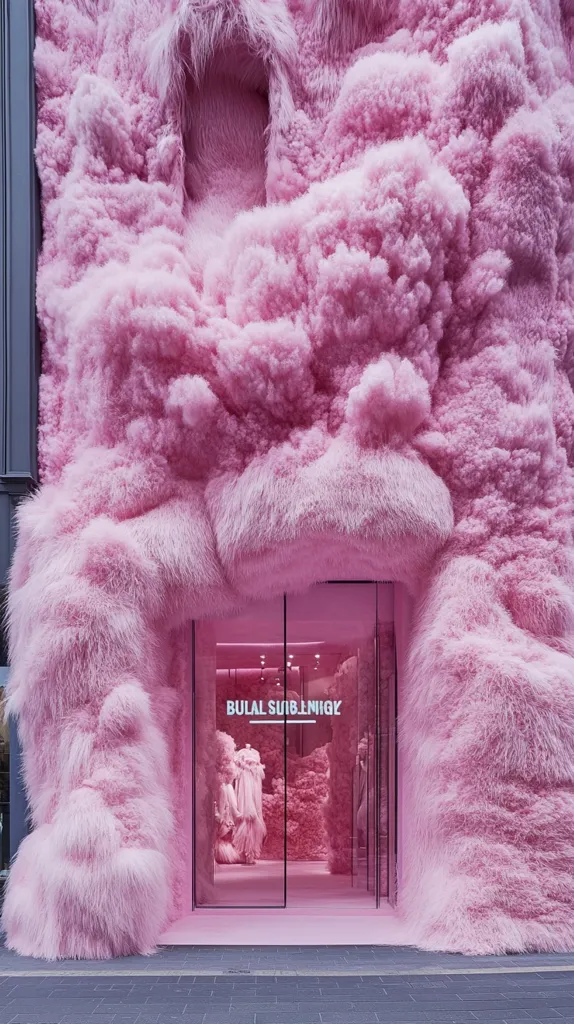 A storefront is completely covered in a fluffy, pink, cloud-like material.  The pink fur-like substance obscures the windows, leaving only a glass door visible with the store name, "Bulal Sublenigy," displayed. The interior is also visible, showing more of the pink material and clothing displays.  The overall effect is whimsical and visually striking.
