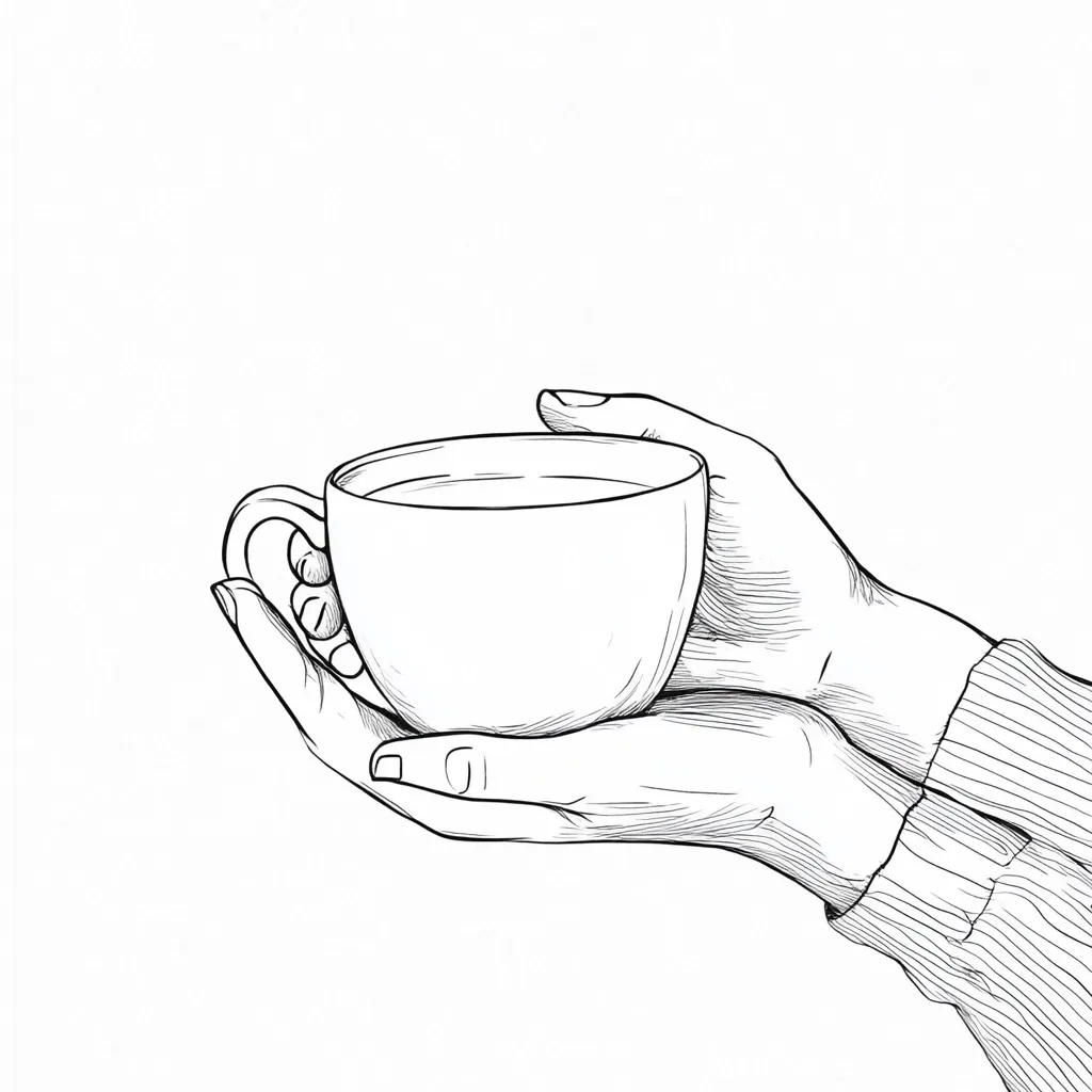A line drawing shows two hands gently cradling a warm mug.  The cup, filled with a liquid, is centered in the hands, suggesting warmth and comfort. The style is simple and elegant, reminiscent of vintage illustrations. The hands are detailed, emphasizing the care taken in holding the mug. The overall image evokes a feeling of serenity and relaxation.