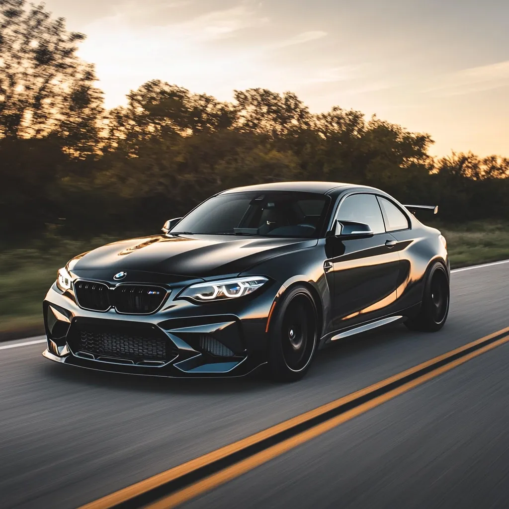 A sleek, black BMW M2 Competition speeds down a highway at sunset.  The car's glossy finish reflects the warm light, highlighting its aggressive aerodynamic features.  Trees line the road, creating a picturesque backdrop as the vehicle effortlessly glides along the asphalt.  The image conveys a sense of speed and luxury.