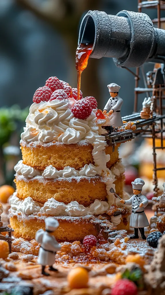 A miniature scene depicts tiny chefs constructing a magnificent layered cake.  The cake, adorned with whipped cream, raspberries, and powdered sugar, is being drizzled with a rich caramel sauce from a miniature cement mixer.  The detailed setting includes small figurines, creating a whimsical, artistic representation of cake making.  The image is rich with texture and color, emphasizing the deliciousness of the dessert.