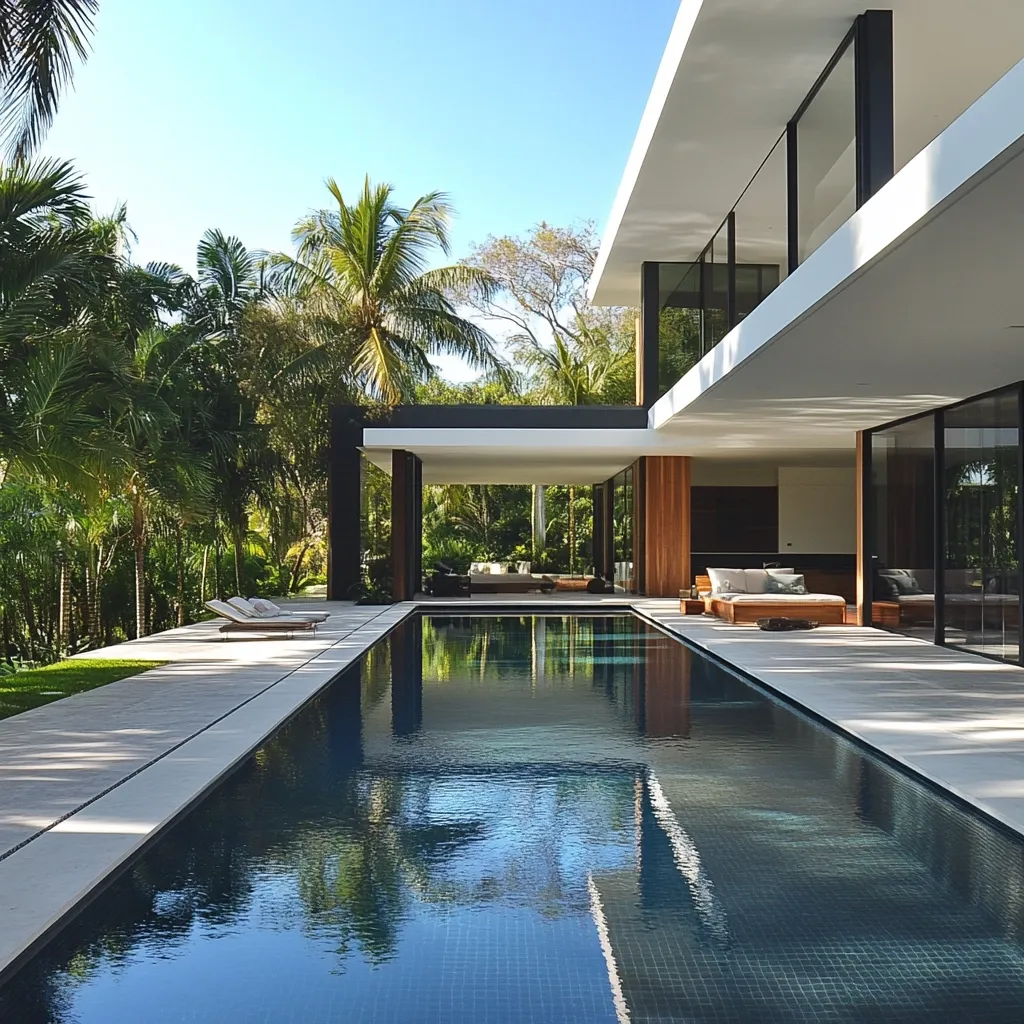 A modern, minimalist house with a long, rectangular pool is shown.  The house features clean lines, large windows, and a partially covered outdoor area.  Lush tropical landscaping surrounds the property, with palm trees prominent.  The pool reflects the house and sky, creating a serene and luxurious atmosphere.  Lounge chairs are positioned near the pool's edge.