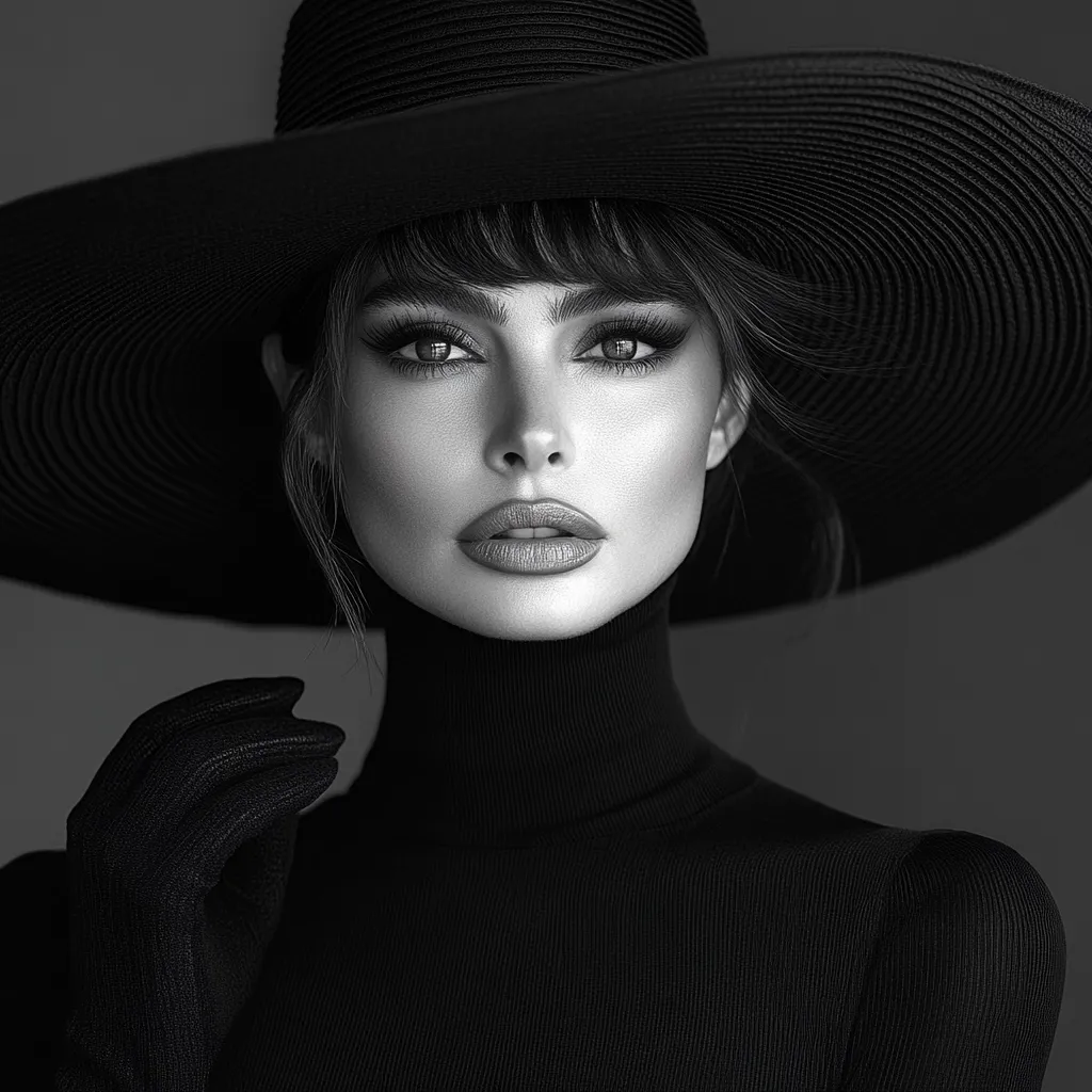 A black and white portrait of a woman wearing a wide-brimmed hat, turtleneck sweater, and gloves.  Her makeup is dramatic, with strong eyebrows and defined eyes.  She gazes directly at the camera with a serious expression. The overall style is elegant and classic. The image is sharply focused, highlighting her features and the texture of her clothing.