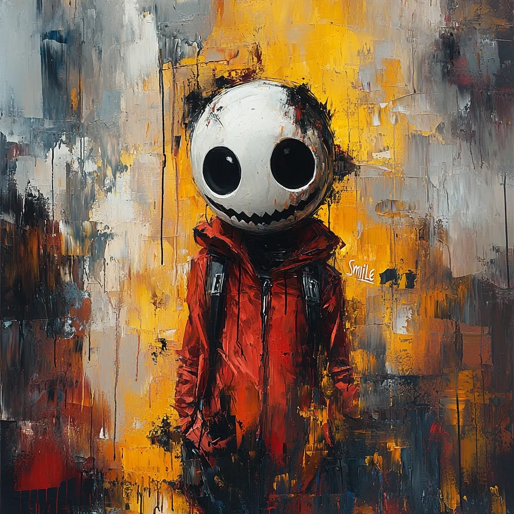 An expressive oil painting depicts a stylized figure.  The figure has a large, white, skull-like head with dark eyes and a grinning mouth, wearing a red jacket and backpack. The background is a vibrant mix of yellows, oranges, grays, and blacks, applied with thick, textured brushstrokes. The word "Smile" is subtly written near the figure, creating a juxtaposition between the figure's unsettling appearance and the optimistic word.  The overall effect is both striking and melancholic.