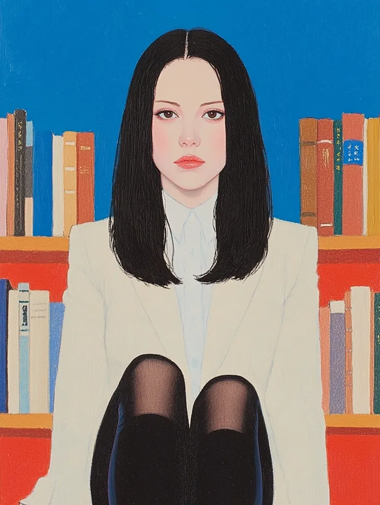 A young woman with long black hair sits before a vibrant red bookshelf filled with books. She's dressed in a cream-colored blazer and dark stockings, her expression serene and composed.  The background is a bold blue, creating a striking contrast with the warm tones of the bookshelves and the woman's clothing. The style is reminiscent of modern illustration or painting, with a flat, graphic quality.