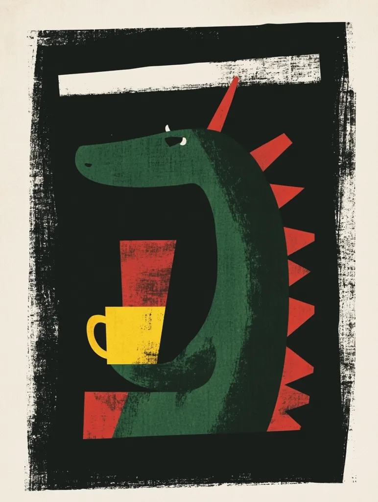A stylized illustration depicts a green dragon, its back adorned with red spikes, holding a yellow mug and a red cup. The dragon's form is simplified, with bold, block-like shapes.  The artwork is set against a black background framed by textured black borders, creating a striking contrast. The overall style is reminiscent of mid-century modern design with a touch of folk art.
