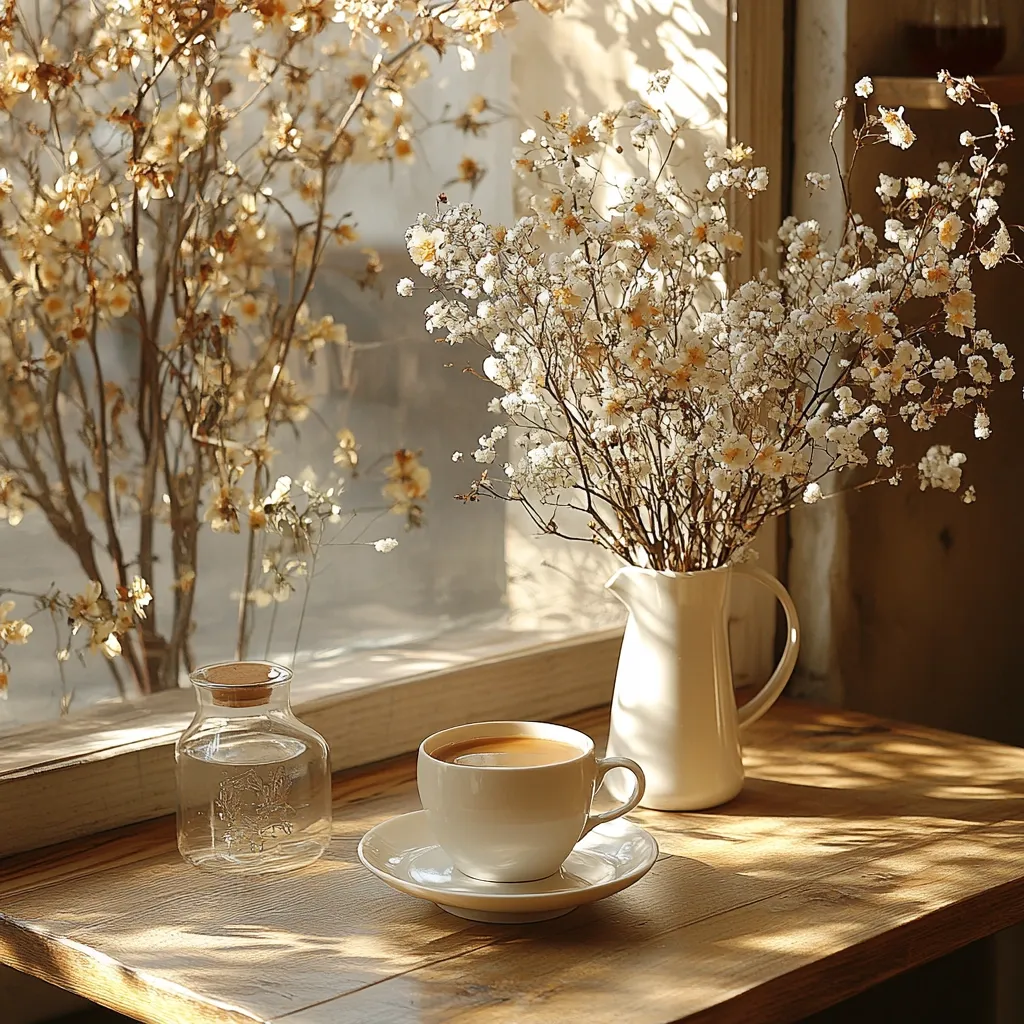 Sun-drenched windowsill scene. A cup of coffee sits on a wooden table, next to a small glass bottle and a white pitcher holding dried white flowers.  Dried branches with delicate blossoms frame the window, creating a warm, cozy, and aesthetically pleasing atmosphere.  The soft light casts gentle shadows, enhancing the tranquil ambiance.
