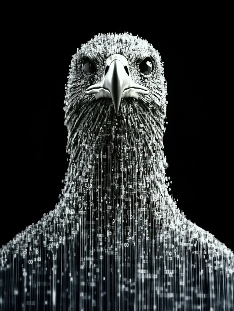 A digital rendering depicts an eagle's head and upper body composed of cascading binary code.  The eagle's features are sharply defined against a black background. The binary code creates a shimmering, almost ethereal effect, blending technology and nature into a striking visual. The eagle's intense gaze commands attention.