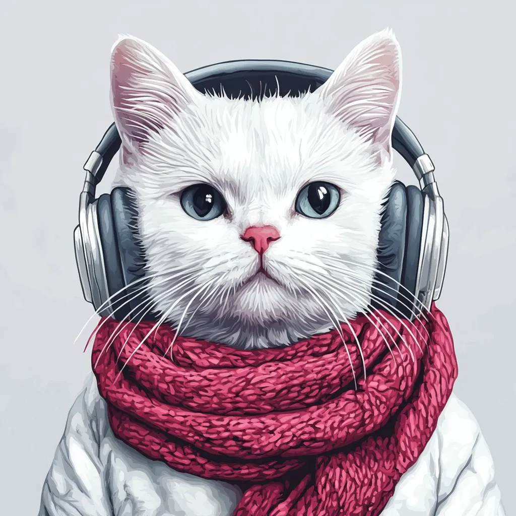 A stylish white cat is depicted wearing large over-ear headphones and a crimson knitted scarf.  Its light fur and piercing blue eyes contrast beautifully against the dark headphones and vibrant scarf. The cat appears calm and composed, suggesting a relaxed enjoyment of its music.  The artistic style is painterly, giving the image a soft, almost whimsical feel.