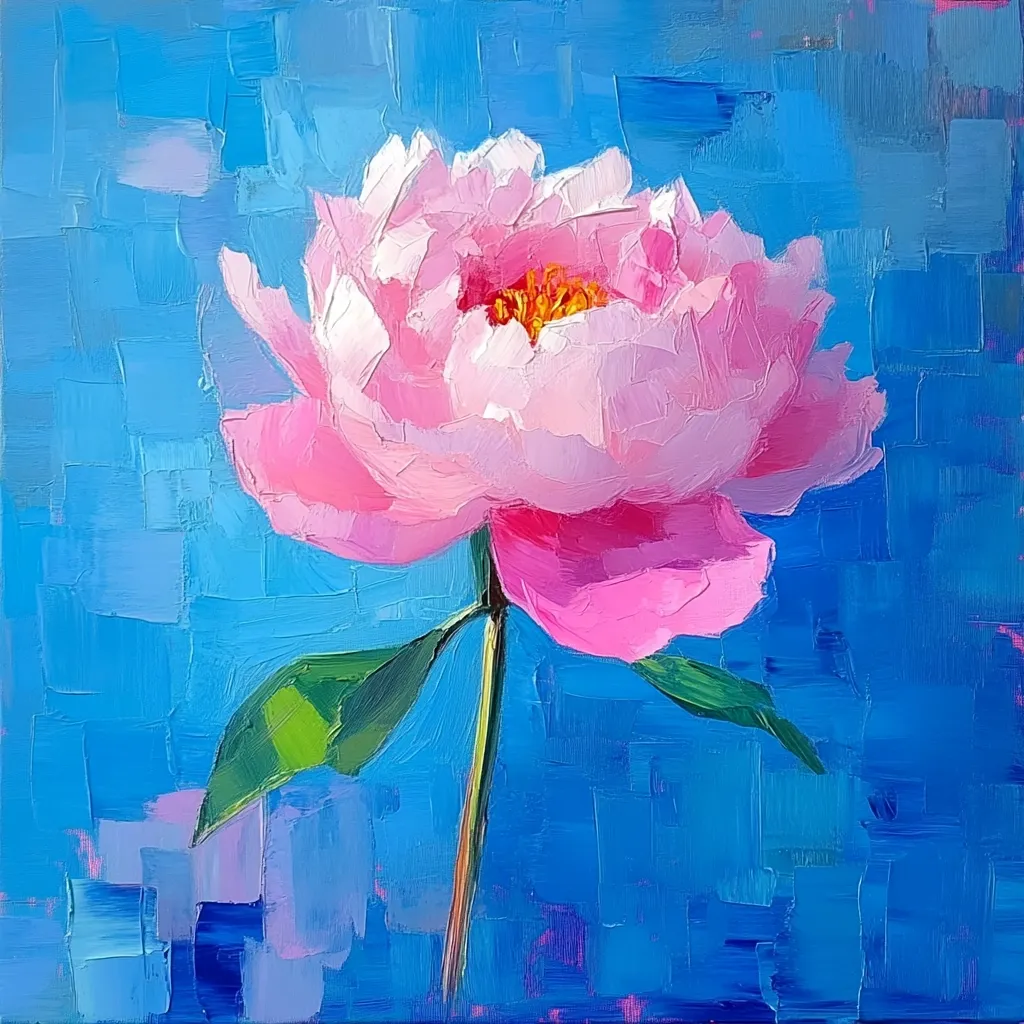 A vibrant oil painting depicts a single pink peony against a bold blue background.  The peony's petals are rendered with thick, visible brushstrokes, showcasing a textured, impasto style. The blue background is similarly textured, creating a dynamic contrast with the flower. The stem and leaves are simplified yet expressive, adding to the painting's overall lively and energetic feel.  The painting's color palette is bright and cheerful.