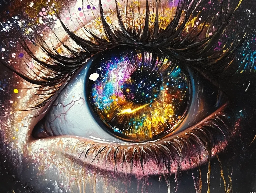 A close-up painting of a human eye, where the iris is depicted as a vibrant nebula, swirling with cosmic colors of gold, purple, blue, and hints of pink.  Long, dark lashes frame the eye, adding depth and drama. The surrounding area is textured with splatters and drips of paint, enhancing the mystical, otherworldly atmosphere. The overall effect is one of awe-inspiring beauty and the vastness of space.