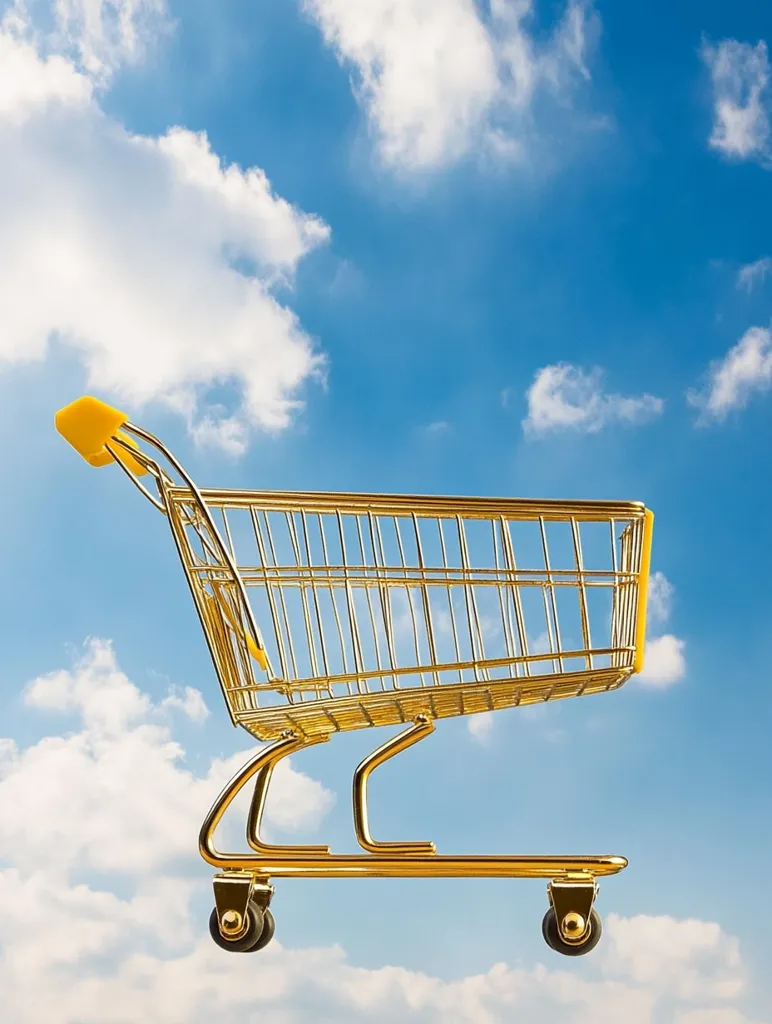 A gold shopping cart floats against a bright blue sky dotted with fluffy white clouds.  The cart is empty, suggesting a concept of limitless potential or aspiration.  The sunny backdrop enhances the cheerful and optimistic mood of the image. The yellow handle provides a pop of color against the gold.
