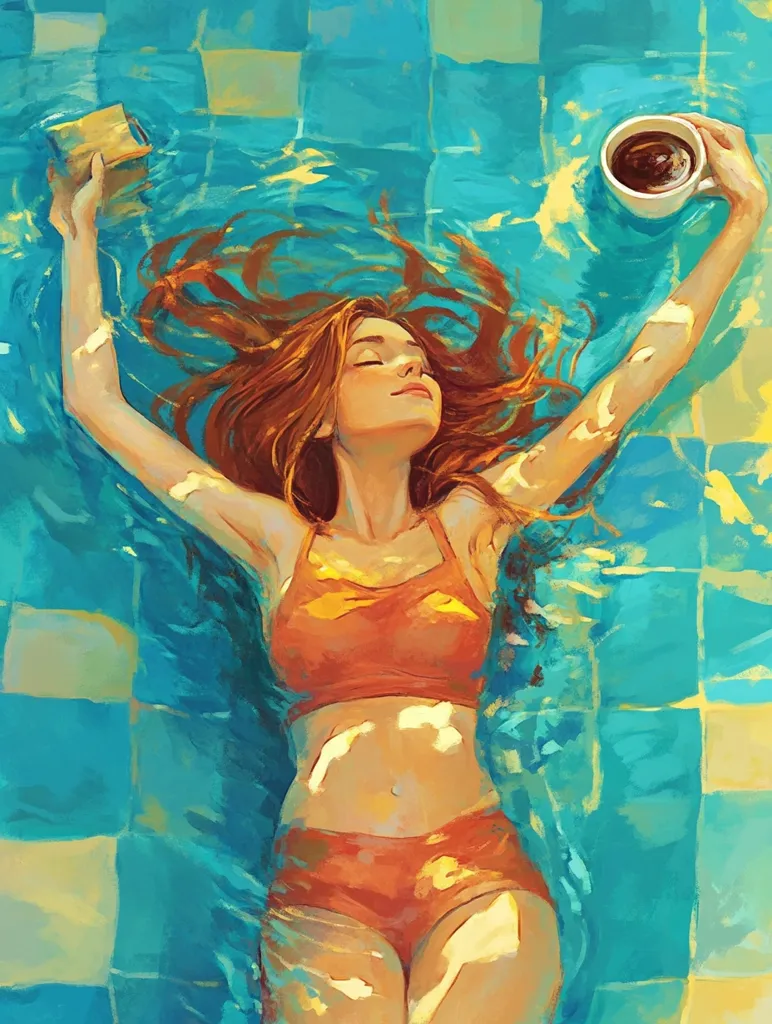 A woman with long reddish-brown hair floats serenely in a turquoise swimming pool.  She holds a book in one hand and a cup of coffee in the other, her eyes closed in peaceful repose.  Sunlight filters through the water, illuminating her orange bikini and creating a dreamy, ethereal atmosphere. The pool tiles are visible beneath the water's surface. The overall impression is one of calm relaxation and summer enjoyment.