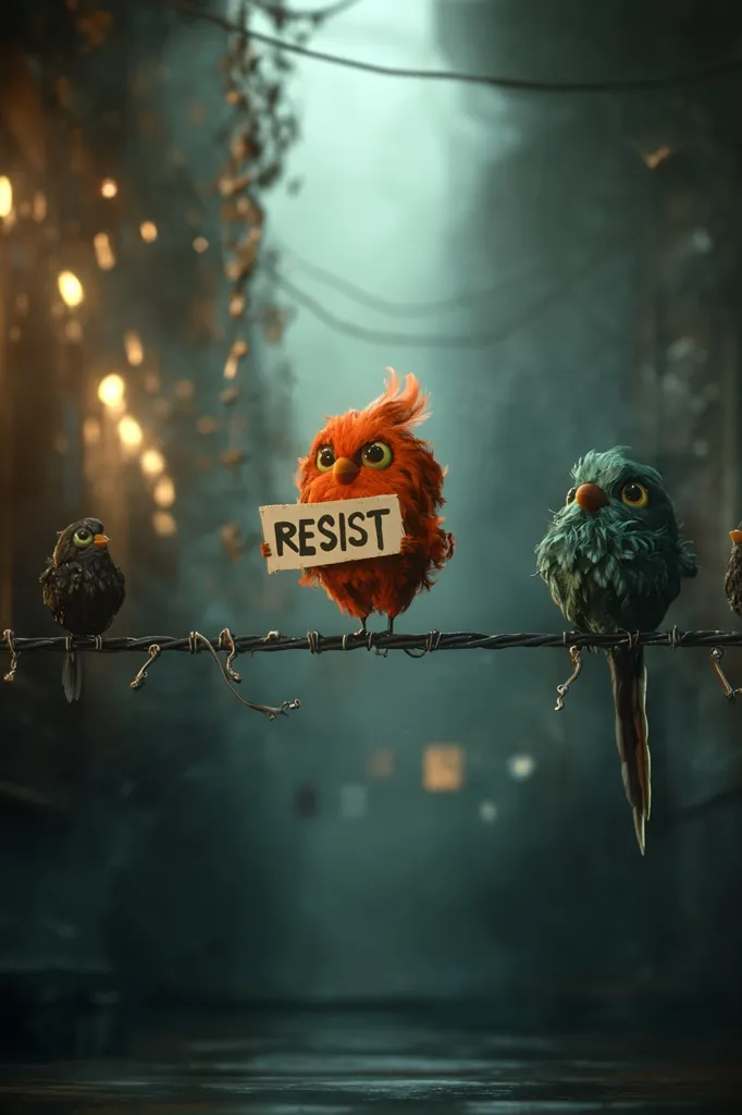 Three stylized birds perch on a weathered wire against a blurred, dystopian city backdrop.  A central orange bird holds a sign reading "RESIST," conveying a message of defiance. The other two birds, dark and teal, appear observant, creating a poignant scene of rebellion and solidarity.  The overall mood is dark yet hopeful.