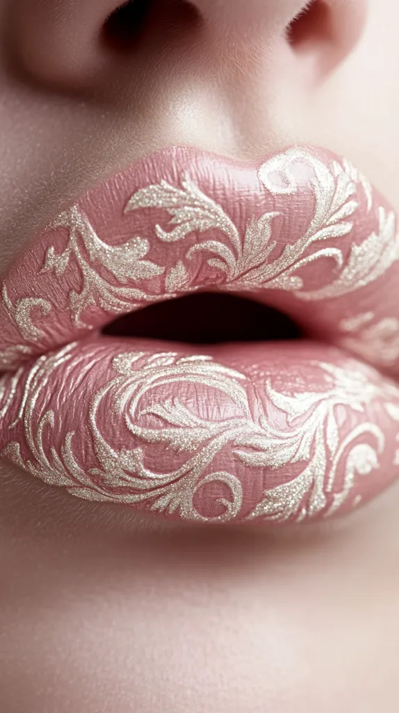 Close-up of a woman's lips adorned with intricate, metallic-gold floral designs on a soft pink base. The design is ornate and detailed, resembling damask or baroque patterns.  The makeup is meticulously applied, showcasing a high level of artistry. The overall effect is elegant and luxurious.