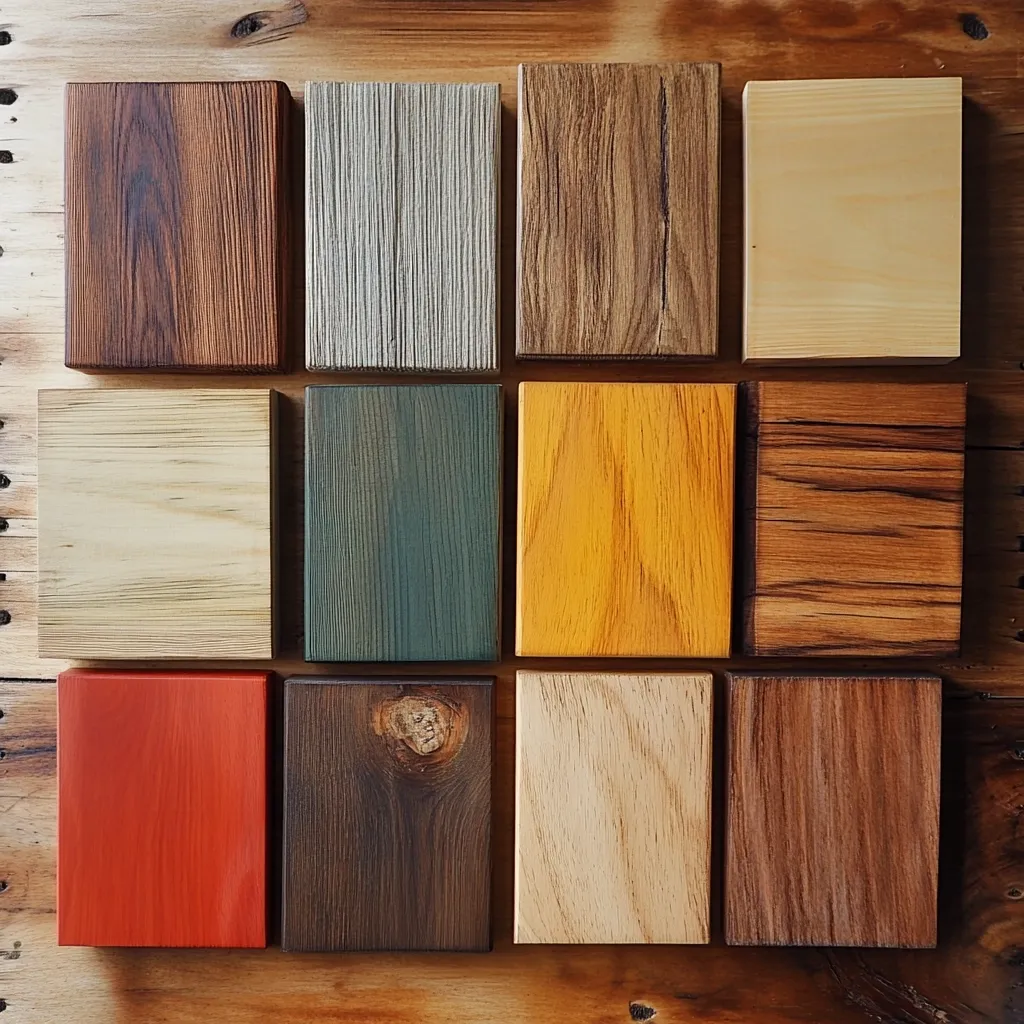 A grid of twelve square wood samples displays a variety of colors and grains.  The samples show natural wood tones ranging from light beige and blonde to rich browns and deep reddish hues.  Some samples exhibit painted finishes including orange and red, while others showcase various staining techniques creating contrasting colors and textures.  The arrangement is neatly presented on a rustic wooden background.