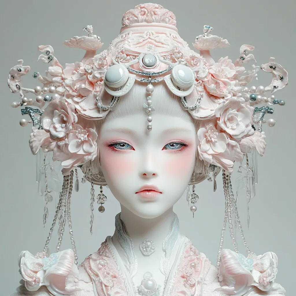 A porcelain doll, exquisitely detailed, is adorned with an elaborate headdress.  The headdress is a masterpiece of pale pink floral designs, pearls, and delicate silver accents, reminiscent of traditional Asian styling.  The doll's face is serene, with subtle blush and striking blue eyes. The overall effect is one of ethereal beauty and delicate craftsmanship.