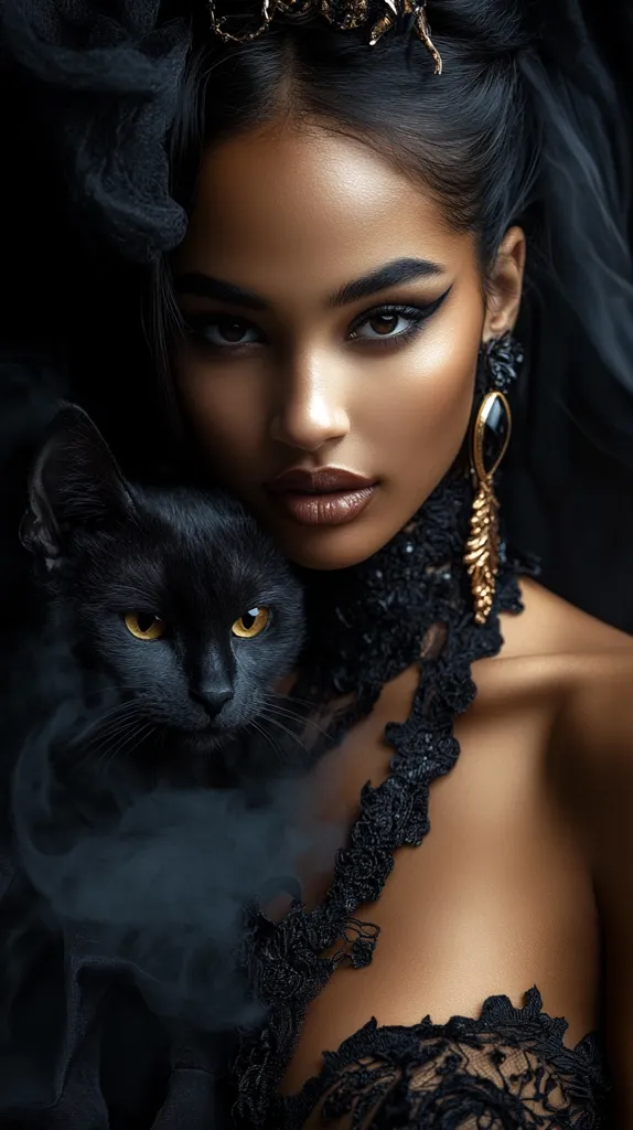 A captivating portrait of a dark-skinned woman with a black cat. She wears an ornate black lace garment and gold earrings, adorned with a crown.  Her dark eyes and makeup are striking, contrasting against her rich skin tone.  The overall mood is mysterious and elegant, with a hint of darkness. The image is expertly lit, emphasizing texture and detail.