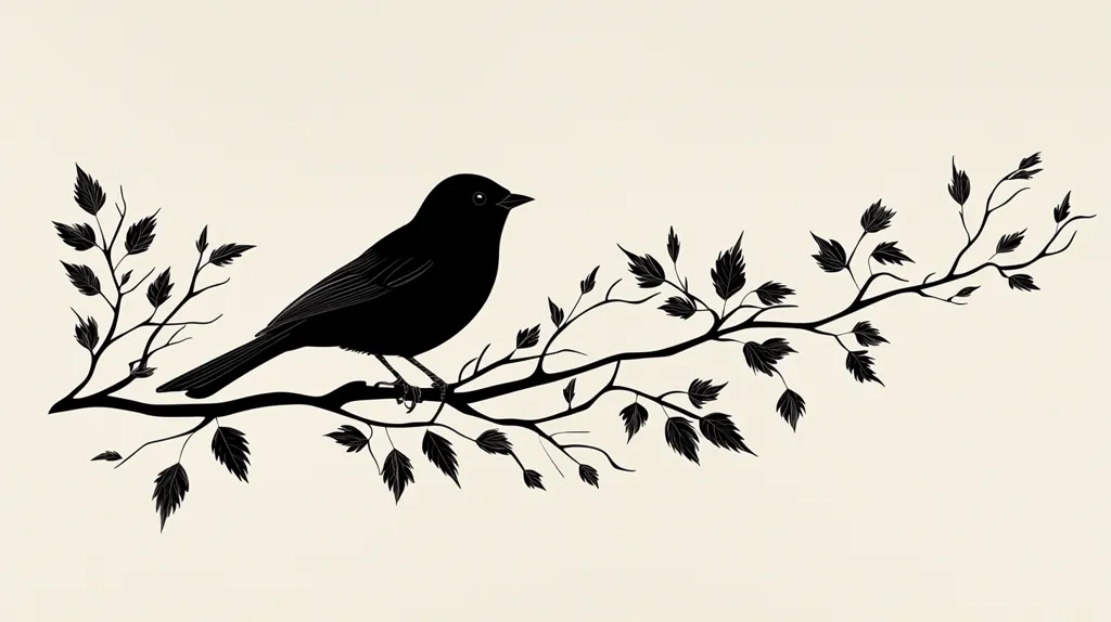 A black silhouette of a bird perched on a branch adorned with leaves.  The image is minimalist, with a stark contrast between the black figures and the off-white background.  The style is elegant and simple, suggesting a nature-inspired design suitable for various applications. The bird is positioned slightly off-center, creating a balanced yet subtly asymmetrical composition.