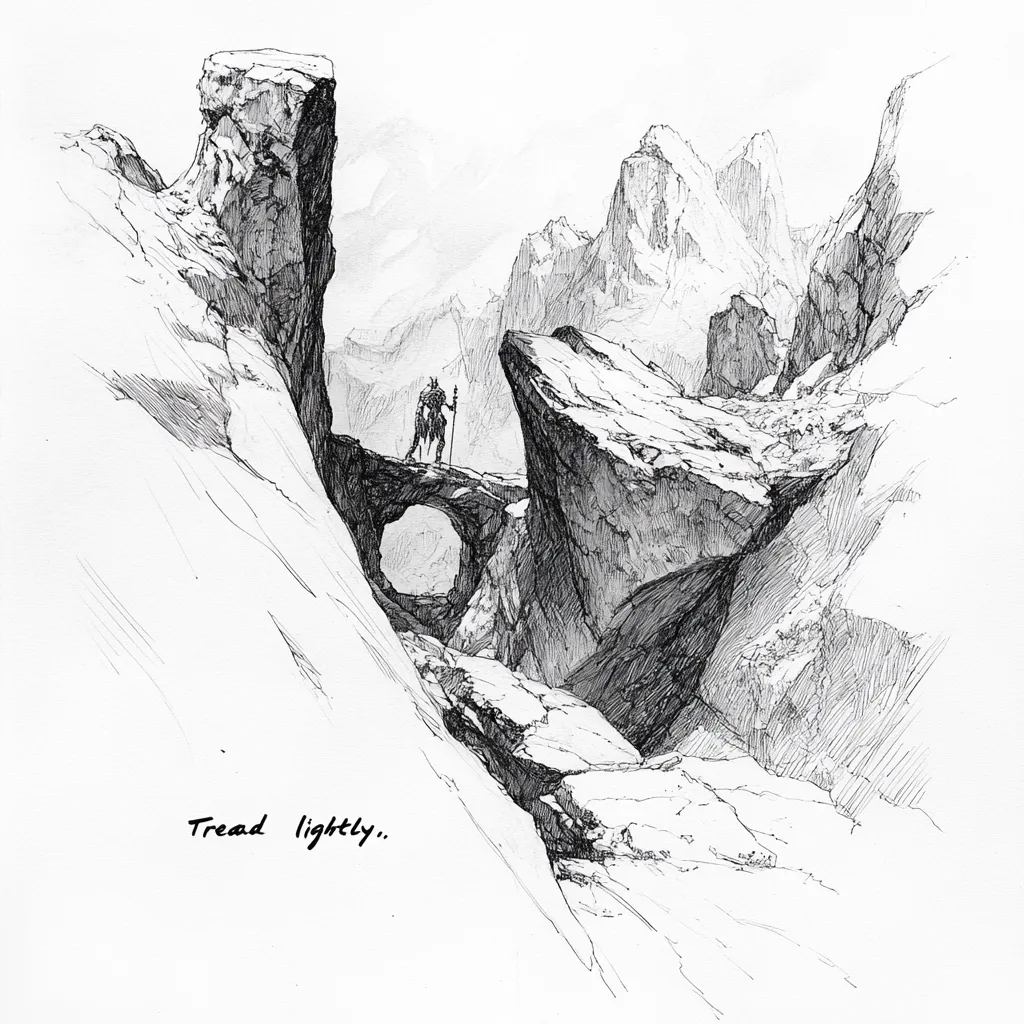 A pen-and-ink drawing depicts a solitary figure, clad in armor and carrying a staff, standing on a precarious rock bridge high in a mountainous region.  Jagged peaks rise in the background, while the foreground shows a treacherous, rocky path. The text "Tread lightly.." is subtly placed below, emphasizing the scene's perilous nature.  The artwork uses shading and linework to create a sense of depth and texture in the rugged landscape.