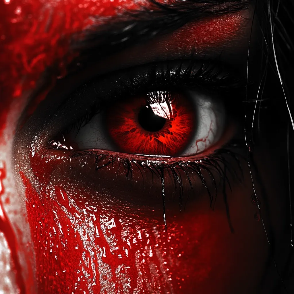 A close-up shot reveals a striking eye, its iris ablaze with intense red, contrasting sharply with the dark lashes and eyebrows.  The surrounding skin is dramatically coated in a viscous, crimson substance, resembling blood, which streaks down the face, creating a visually arresting and somewhat unsettling image.  The overall effect is one of dark intensity and dramatic contrast.