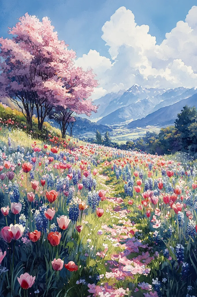 A picturesque landscape unfolds, showcasing a vibrant field of tulips and bluebonnets.  A path winds through the blossoms towards snow-capped mountains under a bright, partly cloudy sky. Two delicate pink cherry trees stand sentinel near the path's beginning, adding to the scene's idyllic charm.  The artwork blends realistic detail with a soft, dreamlike quality, creating a tranquil and beautiful vista.