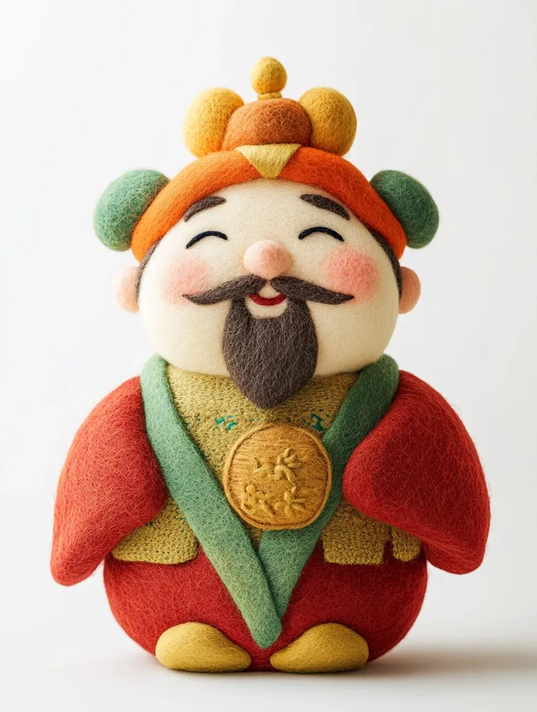 A charming needle-felted figurine depicts a jovial Chinese deity, possibly Cai Shen, the God of Wealth.  He's dressed in vibrant red and green robes, adorned with a golden medallion and a whimsical crown.  His smiling face and neatly sculpted beard exude a sense of good fortune and happiness, making him a delightful decorative piece.